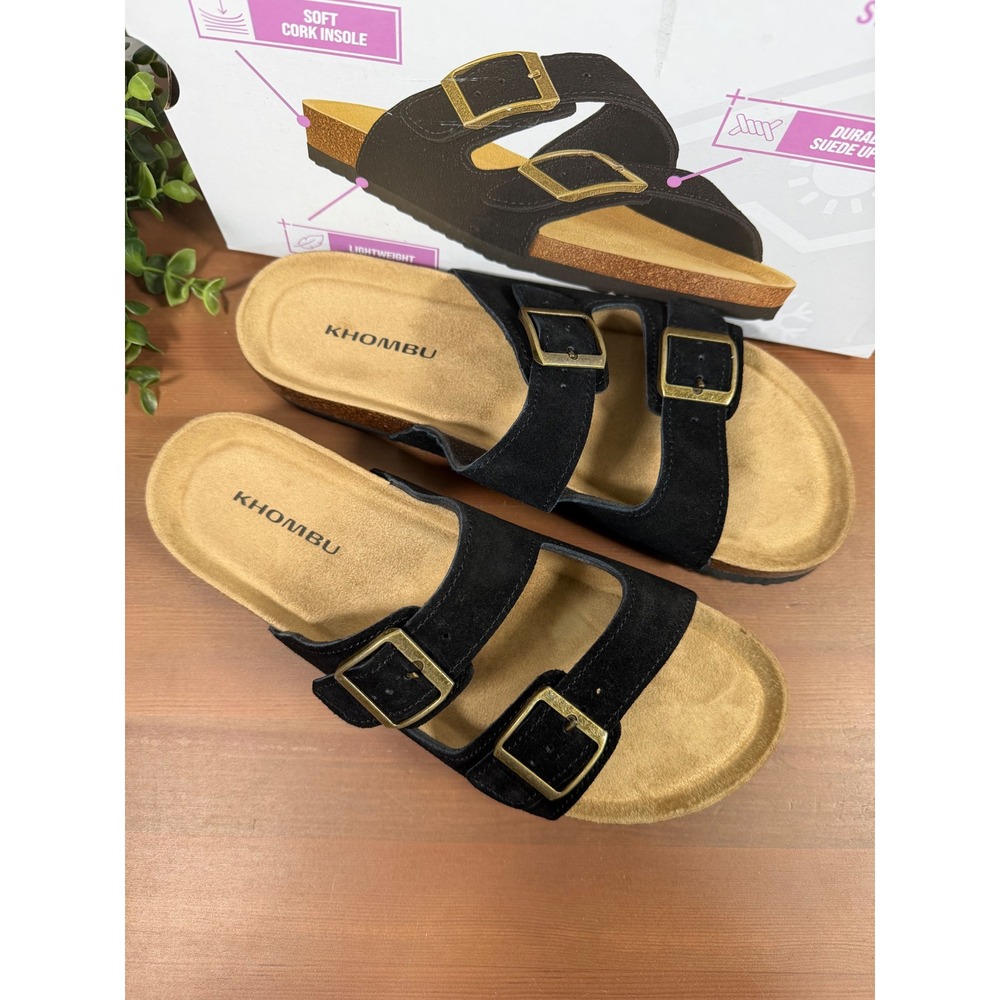 Khombu Women Ashville Black Suede Double Buckle Slide Sandals Size 10